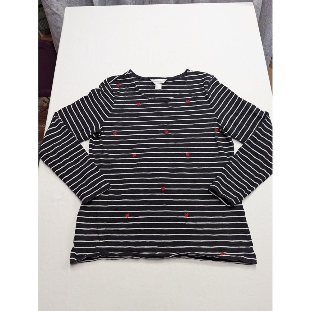Christopher & Banks Black White Striped Heart Embroidered Cotton Top Medium